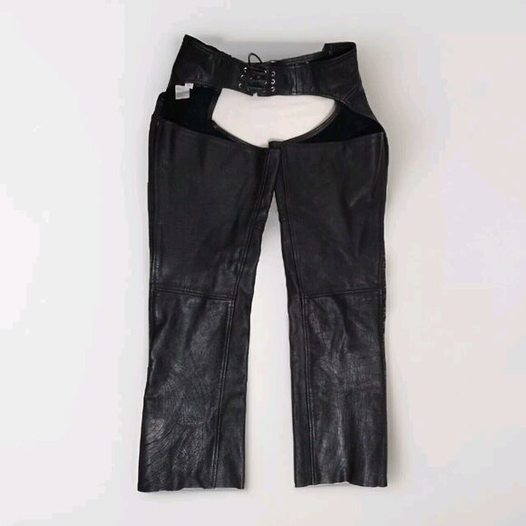 Vintage MOB Black Leather Biker Chaps Medium Unisex Y2K Punk Festival Edgy Rider - Picture 2 of 16